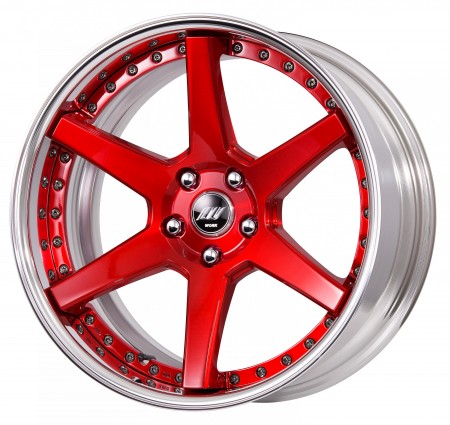 BRUSHED CLEAR RED [BUR] DEEP CONCAVE CENTRE DISK, POLISHED ANODIZED FLAT RIM WITH CHROME RIVETS