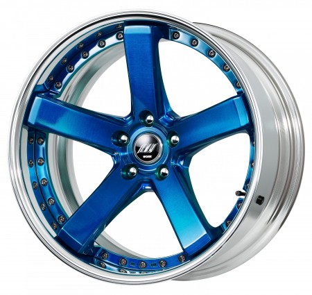 CLEAR BLUE BRUSHED [BUL] DEEP CONCAVE CENTRE DISK, POLISHED ANODIZED FLAT RIM WITH CHROME RIVETS