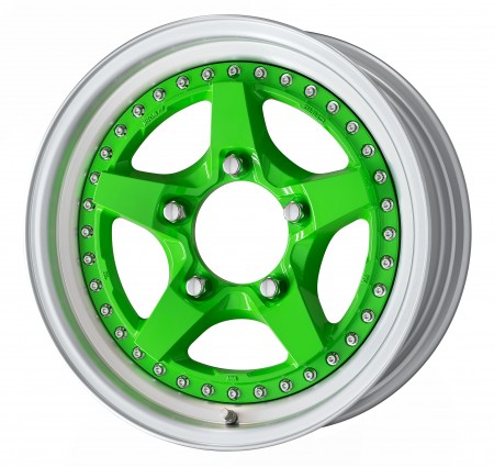 ENERGY LIME GREEN [ELG] CENTRE DISK, POLISHED ANODIZED STEP RIM WITH CHROME RIVETS