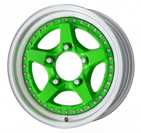 ENERGY LIME GREEN [ELG] CENTRE DISK, POLISHED ANODIZED STEP RIM WITH CHROME RIVETS