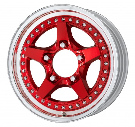 CLEAR RED [MCR] CENTRE DISK, POLISHED ANODIZED STEP RIM WITH CHROME RIVETS