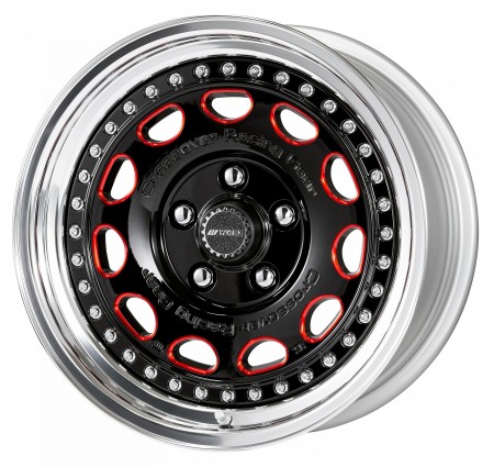 BLACK CHAMFER CLEAR RED [BRM] CENTRE DISK, POLISHED ANODIZED STEP RIM WITH CHROME RIVETS