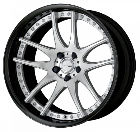 BURNING SILVER [BS] DEEP CONCAVE CENTRE DISK, GLOSS BLACK ANODIZED FLAT RIM WITH CHROME RIVETS