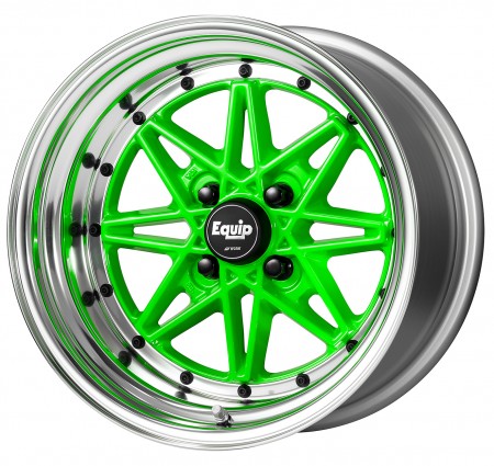 ENERGY LIME GREEN [ELG] CENTRE DISK, POLISHED ANODIZED STEP RIM WITH BLACK RIVETS