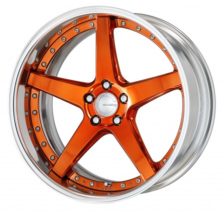 BUFFING FINISHED WITH COPPER CLEAR COAT [P2C2] MIDDLE CONCAVE CENTRE DISK, POLISHED ANODIZED FLAT RIM WITH CHROME RIVETS