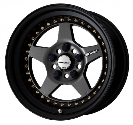 MATT GUNMETAL [MGM] CENTRE DISK, MATT BLACK ANODIZED STEP RIM WITH GOLD RIVETS