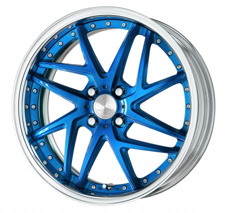 CLEAR BLUE BRUSHED [BUL] CENTRE DISK, POLISHED ANODIZED FLAT RIM WITH CHROME RIVETS