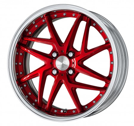 CLEAR RED BRUSHED [BUR] CENTRE DISK, POLISHED ANODIZED FLAT RIM WITH CHROME RIVETS