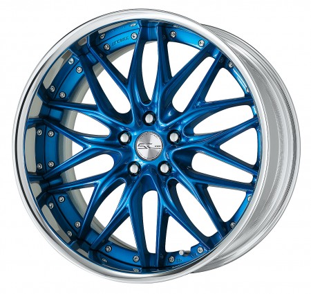 CANDY BLUE [CAB] CENTRE DISK, POLISHED ANODIZED FLAT RIM WITH CHROME RIVETS