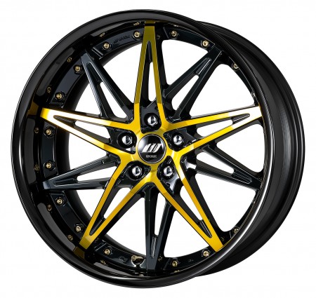 BLACK IMPERIAL GOLD [BPI] CENTRE DISK, GLOSS BLACK ANODIZED FLAT RIM WITH GOLD RIVETS