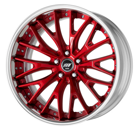 CLEAR RED BRUSHED [BUR] DEEP CONCAVE CENTRE DISK, POLISHED ANODIZED FLAT RIM WITH CHROME RIVETS